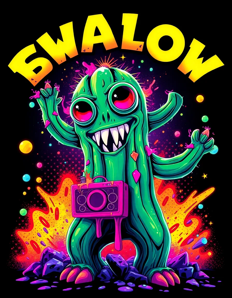 Glowing cactus monster with boombox | mood image